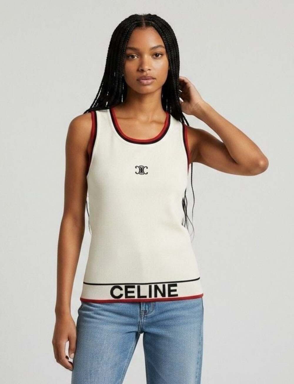 Celine Cream Knit Tank Top with Contrast Trim and Logo